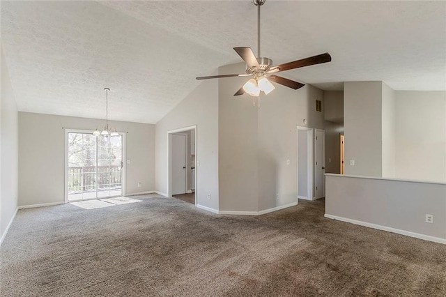 carpeted empty room with high vaulted ceiling, a textured ceiling, baseboards, ceiling fan with notable chandelier, and visible vents