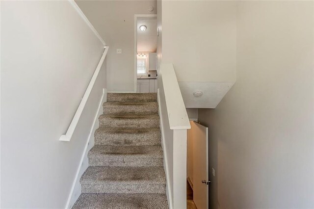 stairway with carpet floors and baseboards