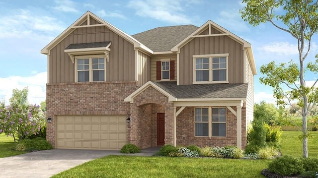 craftsman-style house with a garage and a front lawn