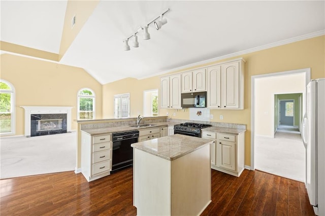 kitchen featuring a sink, track lighting, black appliances, a peninsula, and open floor plan