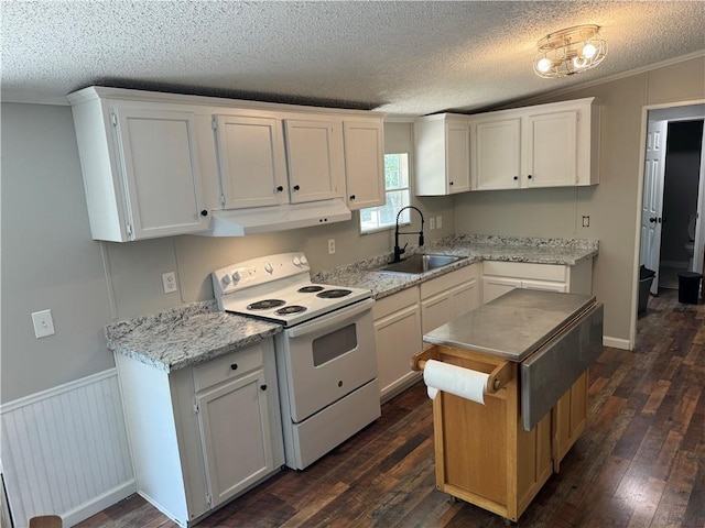 kitchen featuring white cabinetry, sink, white electric stove, and dark hardwood / wood-style floors