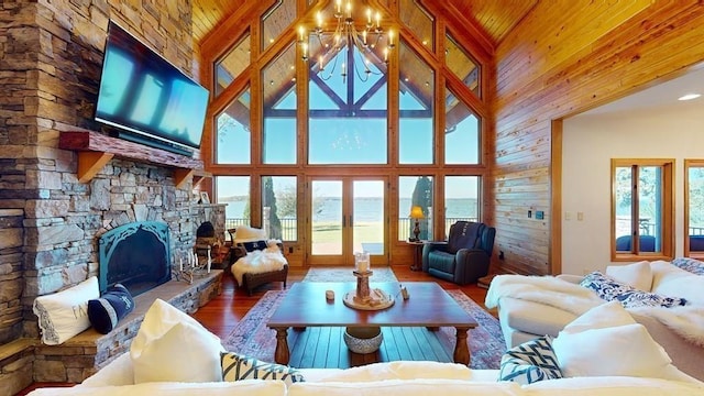 living area featuring wood finished floors, wood walls, a stone fireplace, high vaulted ceiling, and wooden ceiling