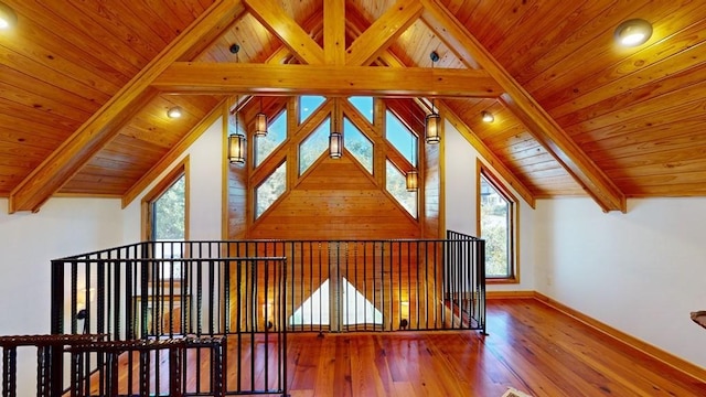 bonus room with wood ceiling, wood finished floors, healthy amount of natural light, and baseboards