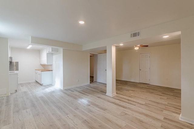 unfurnished living room featuring ceiling fan and light hardwood / wood-style flooring