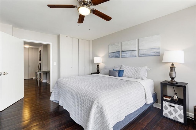 bedroom featuring ceiling fan, dark hardwood / wood-style flooring, and a closet