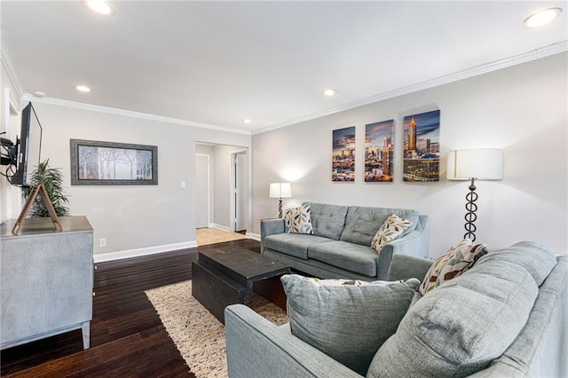 living room featuring ornamental molding and dark wood-type flooring