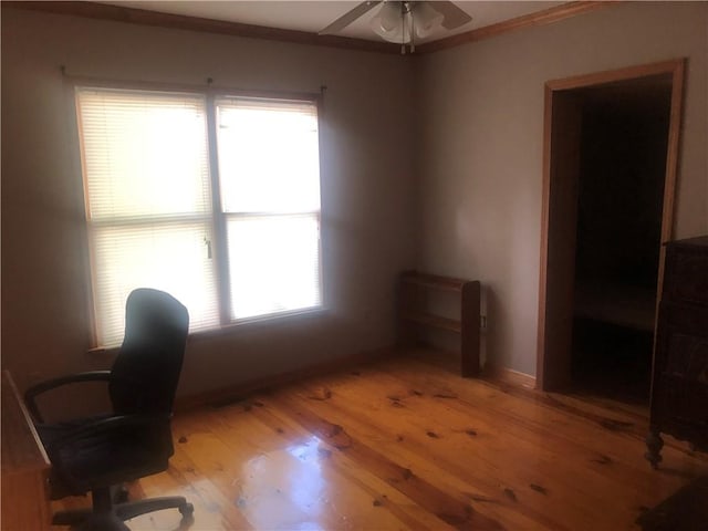 4744 Chickasaw Way SE, Acworth, GA 30102 - unfurnished office with a ceiling fan, light wood-style flooring, and crown molding