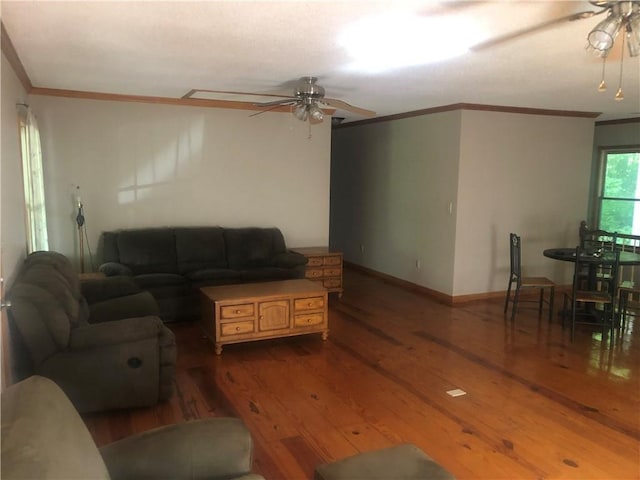 4744 Chickasaw Way SE, Acworth, GA 30102 - living room with ceiling fan, ornamental molding, and hardwood / wood-style floors