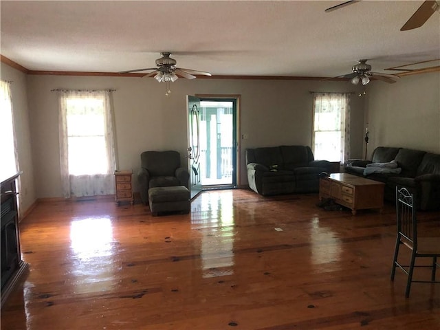4744 Chickasaw Way SE, Acworth, GA 30102 - living room featuring ceiling fan, plenty of natural light, crown molding, and wood finished floors