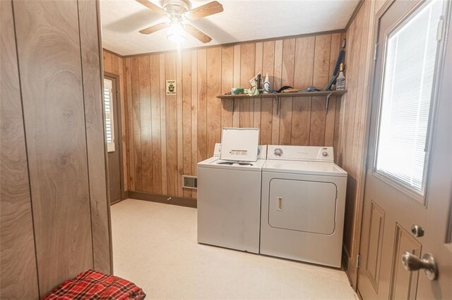 166 Etowah Dr, Cartersville, GA 30120 - laundry area with laundry area, separate washer and dryer, wood walls, and ceiling fan