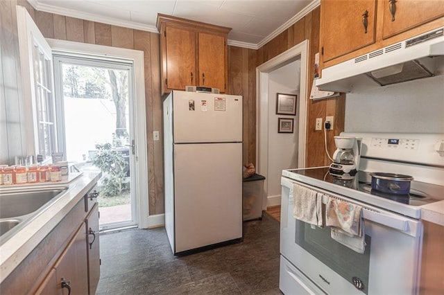 166 Etowah Dr, Cartersville, GA 30120 - kitchen featuring ornamental molding, white appliances, a healthy amount of sunlight, brown cabinets, and under cabinet range hood