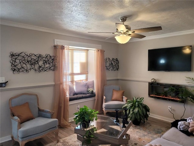1625 Conley Rd Unit 229, Conley, GA 30288 - living area featuring wood finished floors, a textured ceiling, ceiling fan, and ornamental molding