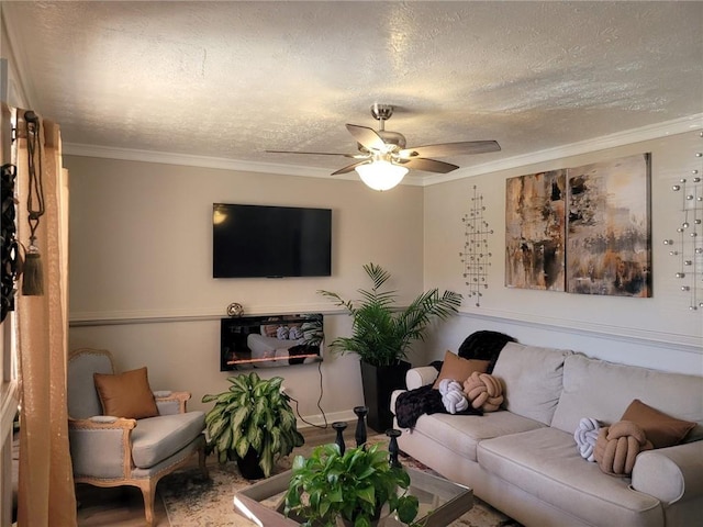 1625 Conley Rd Unit 229, Conley, GA 30288 - living room featuring ceiling fan, ornamental molding, and a textured ceiling