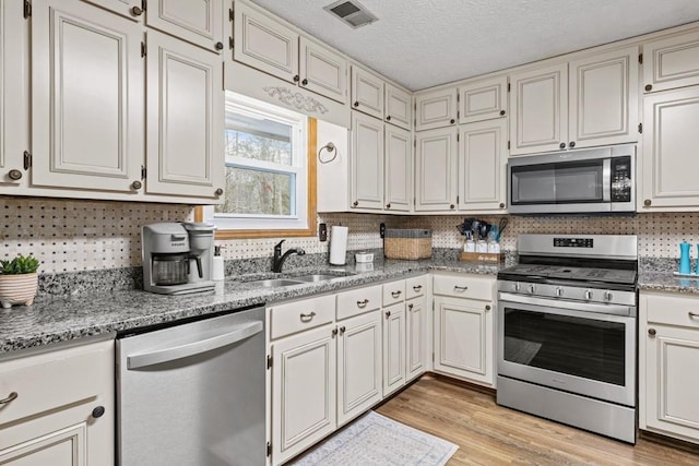 kitchen with stainless steel appliances, a sink, visible vents, backsplash, and light wood finished floors