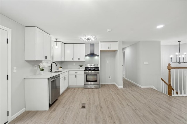 kitchen featuring white cabinets, sink, wall chimney exhaust hood, light hardwood / wood-style floors, and stainless steel appliances