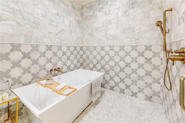 bathroom with a freestanding tub and a tile shower