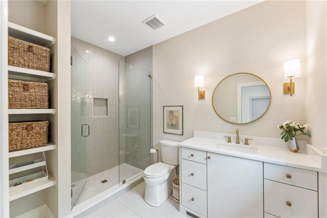 bathroom featuring visible vents, vanity, toilet, tile patterned floors, and a shower stall