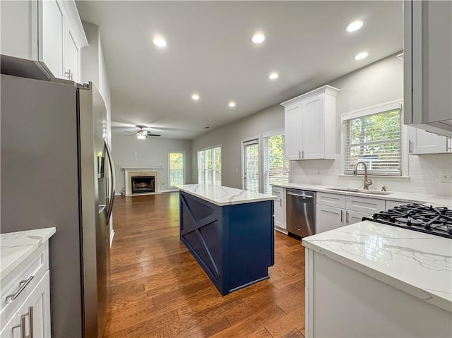 kitchen with dark wood-style flooring, open floor plan, ceiling fan, and appliances with stainless steel finishes