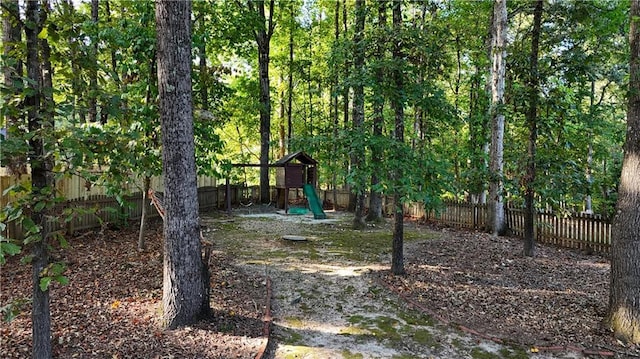 view of yard featuring a fenced backyard and a playground