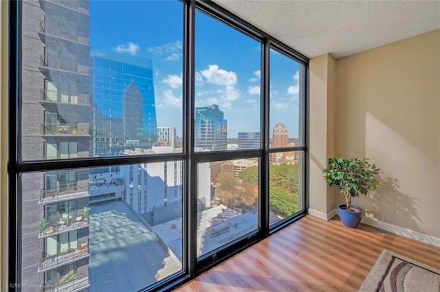 doorway to outside with wood finished floors, a textured ceiling, a city view, floor to ceiling windows, and baseboards