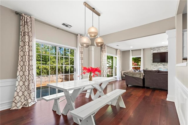 dining room with visible vents, wainscoting, and dark wood-style floors