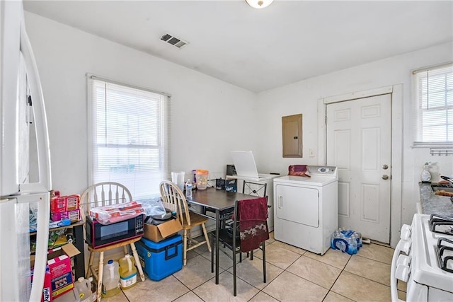 laundry area with washer / dryer, sink, light tile patterned floors, and electric panel