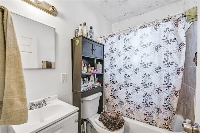 full bathroom with vanity, toilet, and shower / bathtub combination with curtain