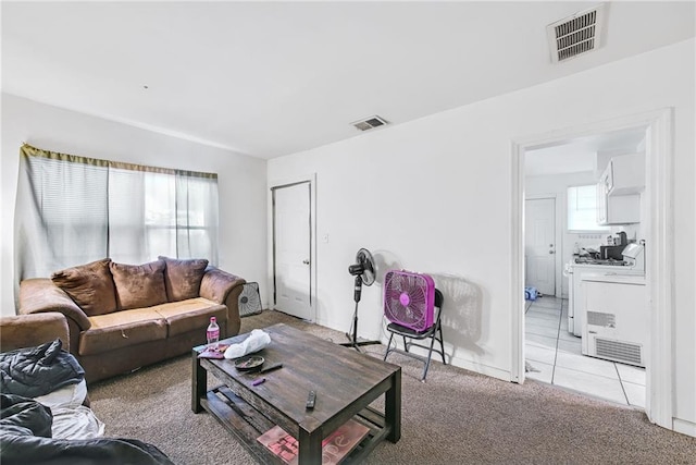 living room featuring light colored carpet