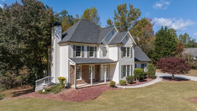 front of property with covered porch and a front lawn