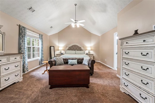 carpeted bedroom featuring ceiling fan and vaulted ceiling