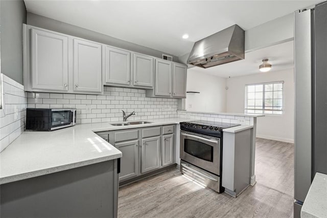 kitchen featuring sink, range hood, kitchen peninsula, appliances with stainless steel finishes, and light wood-type flooring