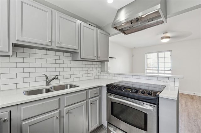 kitchen with backsplash, gray cabinetry, sink, electric range, and light hardwood / wood-style floors