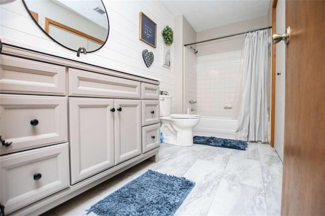 full bath featuring shower / tub combo, visible vents, vanity, and toilet