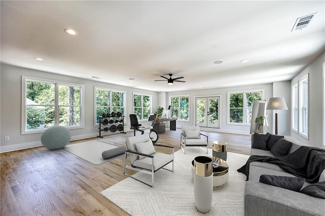 2110 Fairway Cir NE, Brookhaven, GA 30319 - living room featuring wood finished floors, recessed lighting, ceiling fan, and baseboards