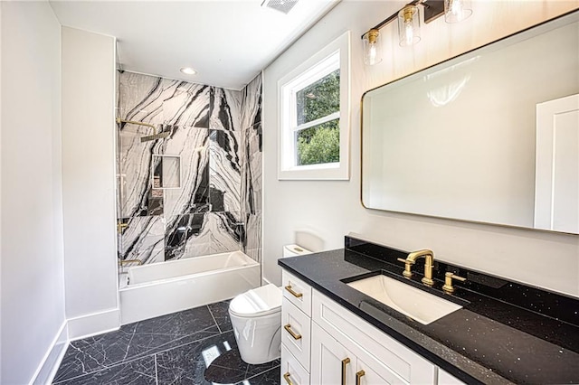 2110 Fairway Cir NE, Brookhaven, GA 30319 - bathroom featuring toilet, marble look tiles,  shower combination, vanity, and recessed lighting