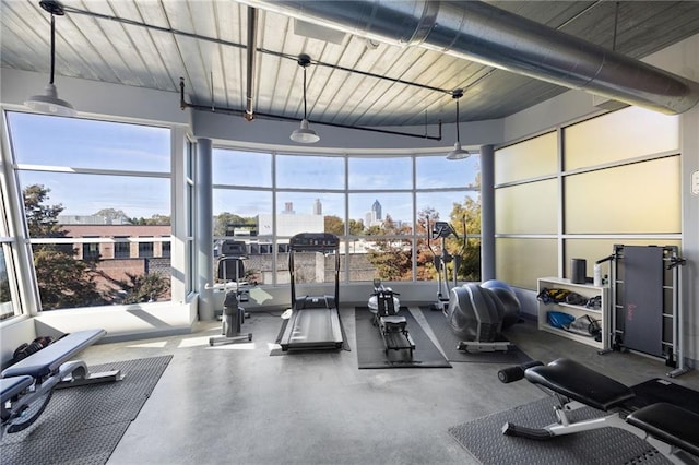 gym featuring a view of city