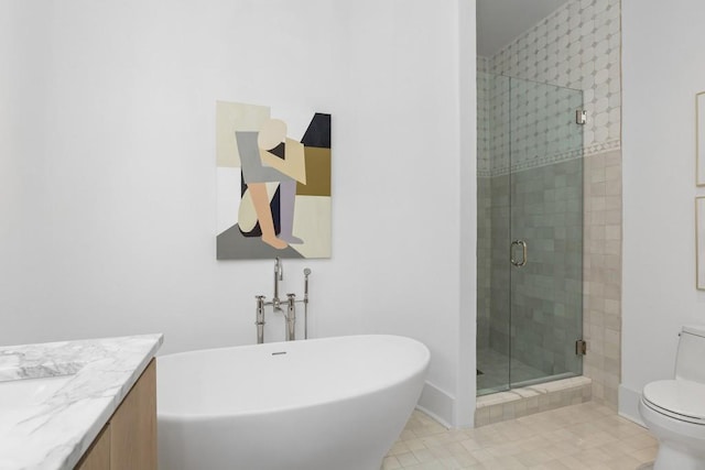 11273 Serenbe Ln, Chattahoochee Hills, GA 30268 - bathroom featuring a shower with shower door, vanity, toilet, and tile floors