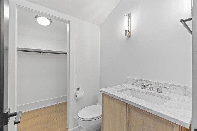 11273 Serenbe Ln, Chattahoochee Hills, GA 30268 - bathroom featuring lofted ceiling, hardwood / wood-style flooring, toilet, and vanity