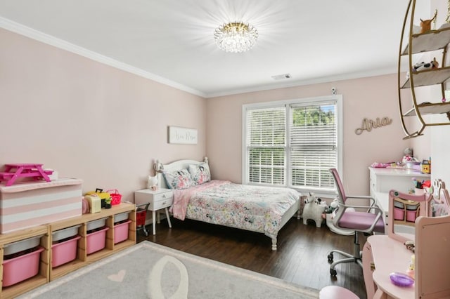 4944 Dovecote Trl, Suwanee, GA 30024 - bedroom with ornamental molding, wood finished floors, and a chandelier