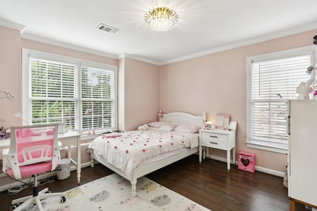 4944 Dovecote Trl, Suwanee, GA 30024 - bedroom with ornamental molding, wood finished floors, multiple windows, and a chandelier