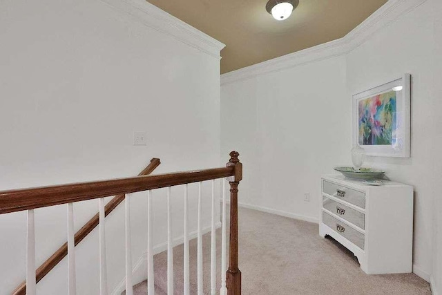 2626 Sardis Chase Ct, Buford, GA 30519 - corridor featuring crown molding, light colored carpet, and an upstairs landing