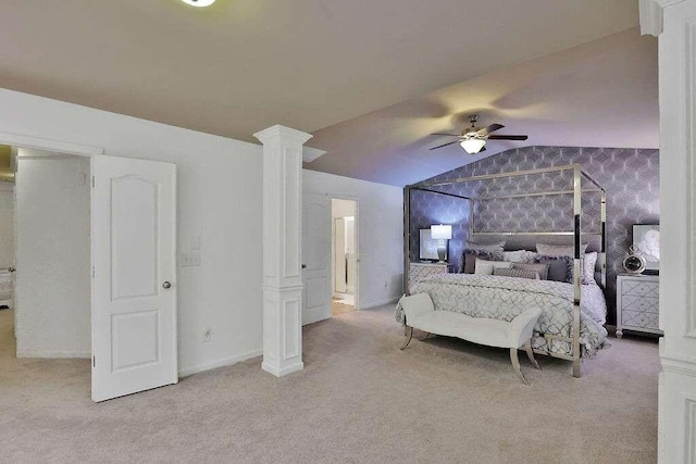 2626 Sardis Chase Ct, Buford, GA 30519 - bedroom featuring ornate columns, light colored carpet, lofted ceiling, and a ceiling fan