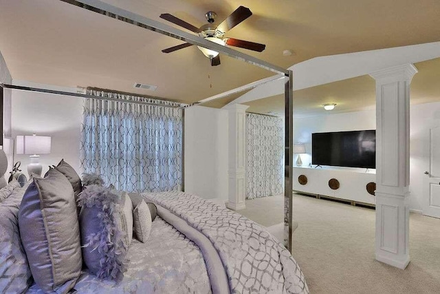 2626 Sardis Chase Ct, Buford, GA 30519 - bedroom featuring carpet flooring, lofted ceiling, ornate columns, and a ceiling fan