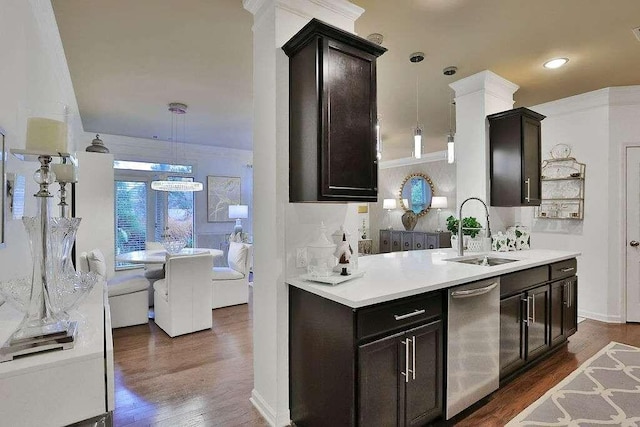 2626 Sardis Chase Ct, Buford, GA 30519 - kitchen featuring stainless steel dishwasher, dark wood-style flooring, light countertops, pendant lighting, and recessed lighting