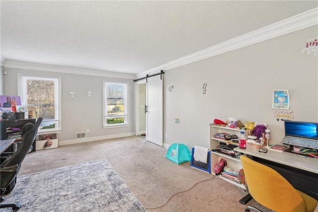 carpeted office space with crown molding, a barn door, and a textured ceiling