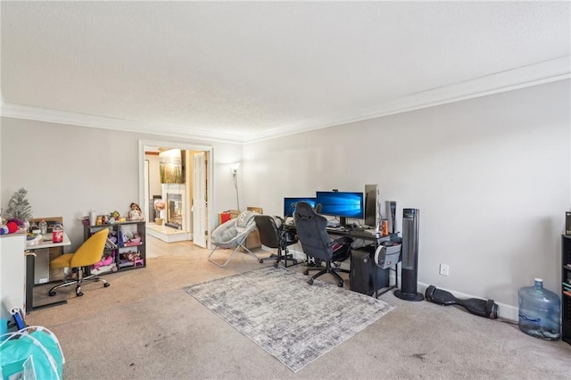 home office with crown molding and light colored carpet