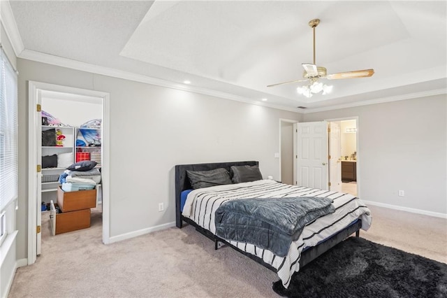 bedroom with a tray ceiling, a spacious closet, light carpet, and a closet