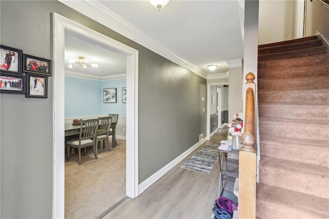 stairway with crown molding, carpet, and a textured ceiling