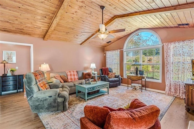 living area featuring wood ceiling, a ceiling fan, vaulted ceiling, and wood finished floors