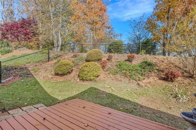 view of yard with a fenced backyard and a wooden deck